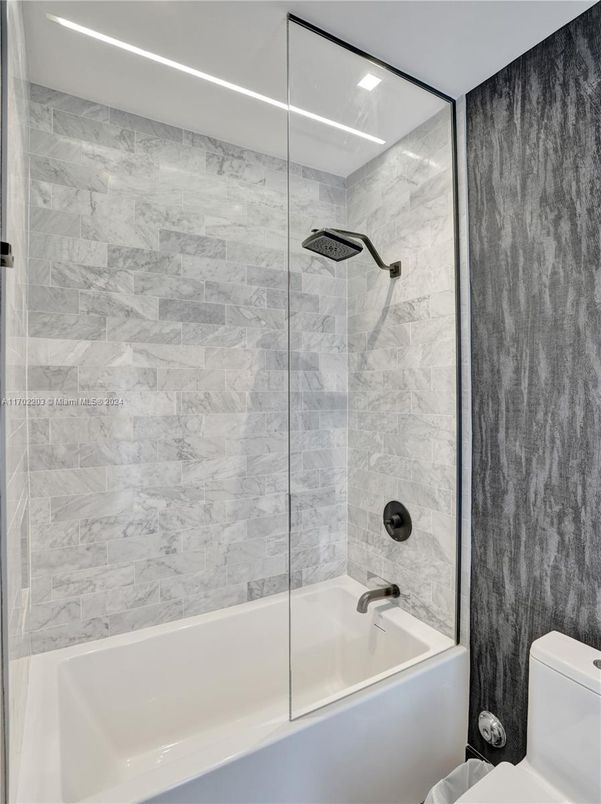 Bathroom, Glass Shower, Interior, Marble Walls, Recessed Lighting
