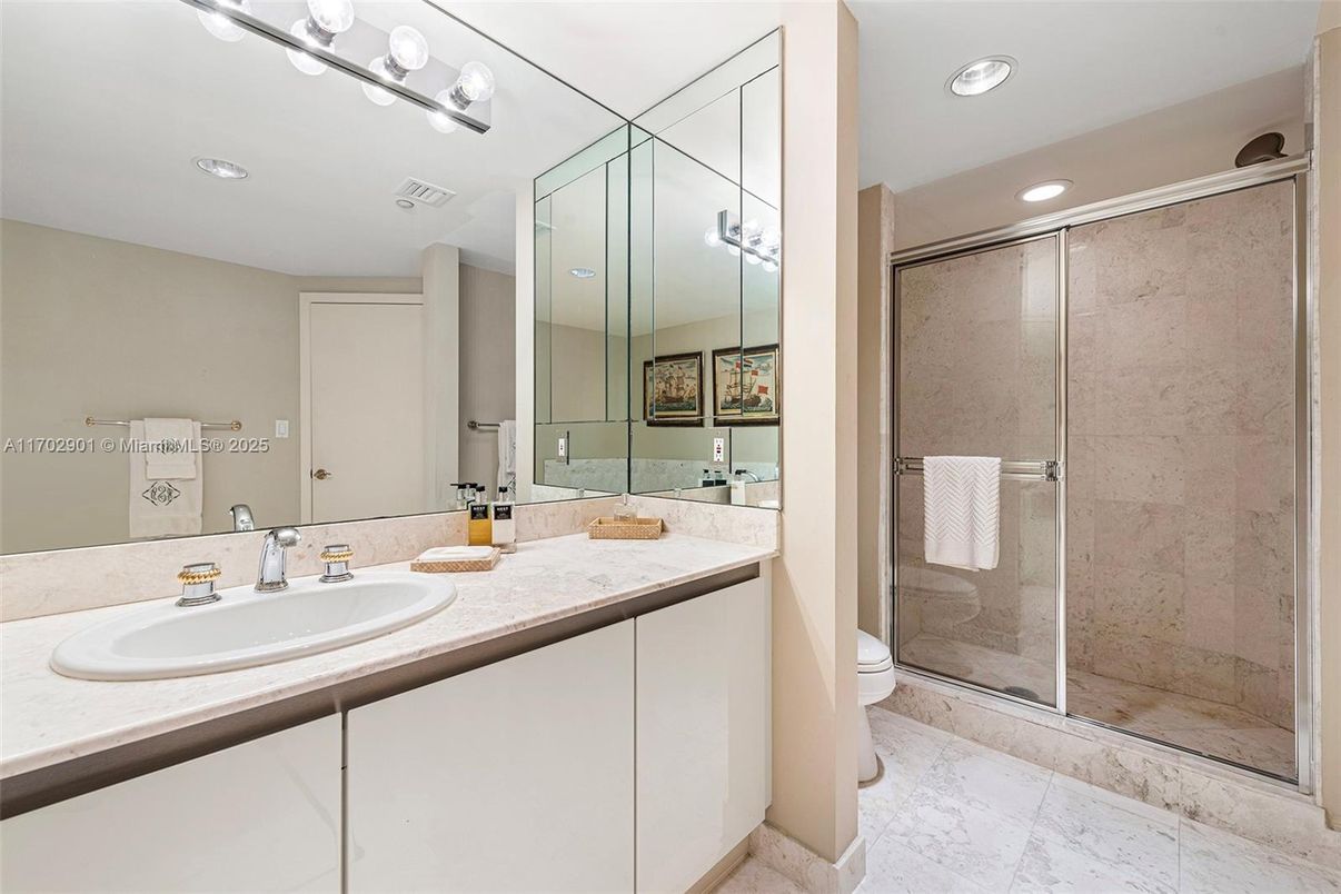 Bathroom, Glass Shower, Interior, Marble, Recessed Lighting