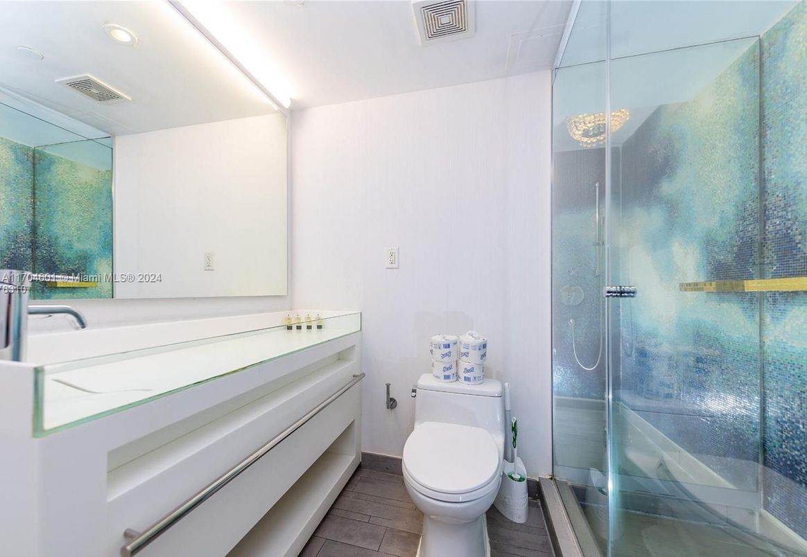 Bathroom, Glass Shower, Interior, Recessed Lighting, Wood Texture Flooring