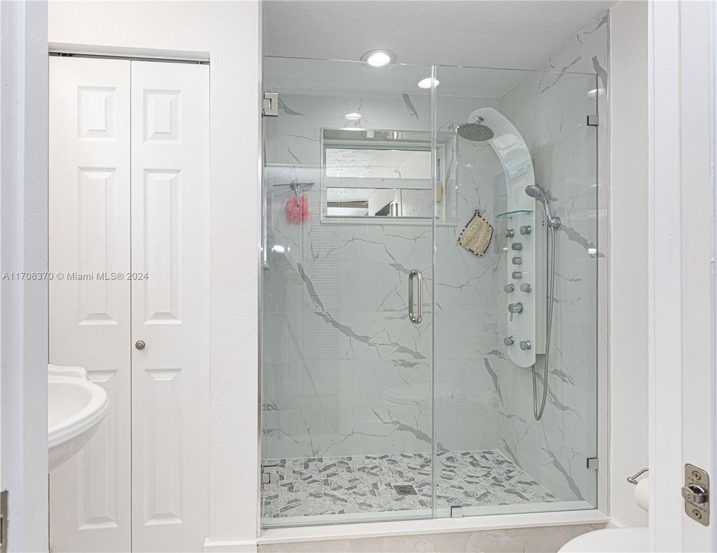 Bathroom, Glass Shower, Interior, Marble Walls, Recessed Lighting