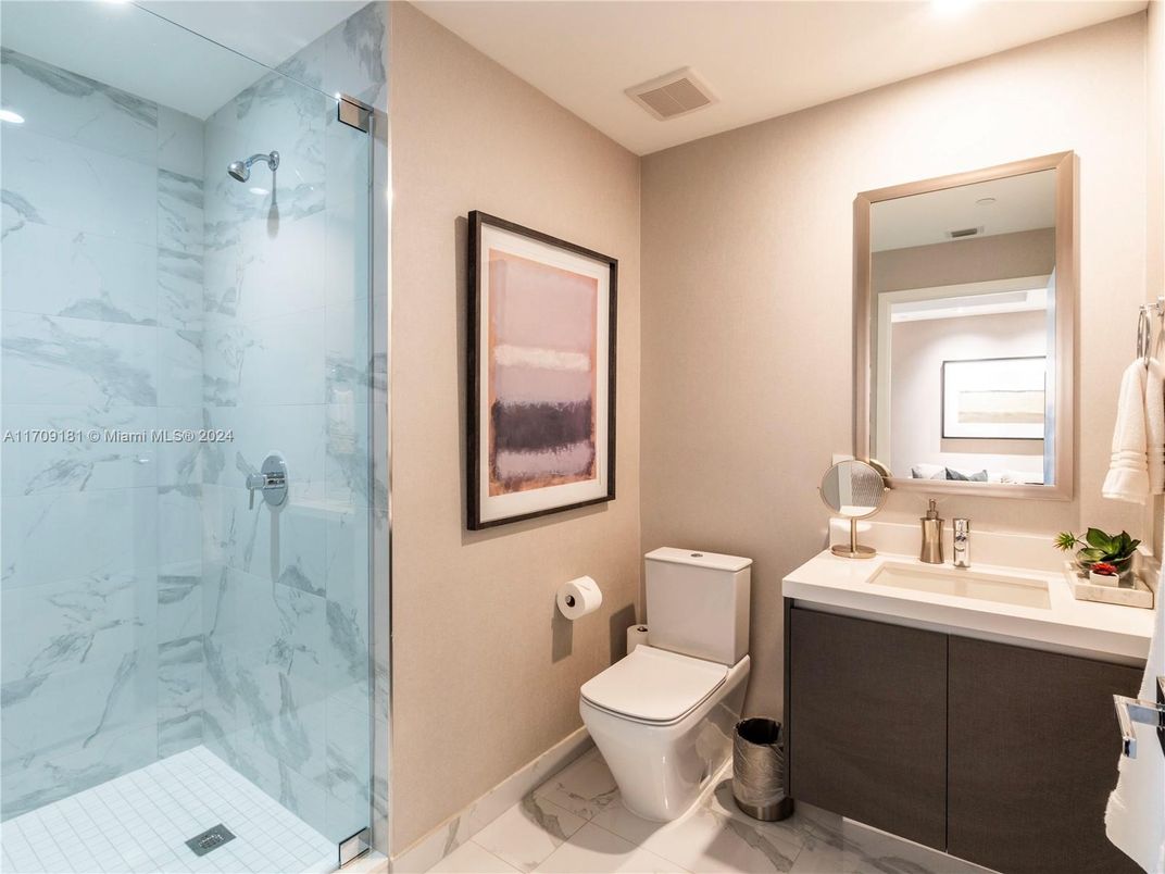 Bathroom, Glass Shower, Interior, Marble, Marble Walls, Recessed Lighting