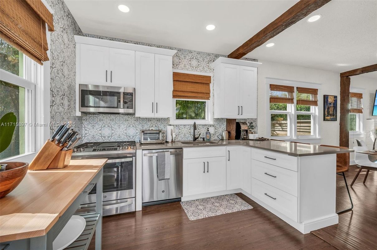 Interior, Kitchen, Recessed Lighting, Stainless Steel Appliances, Wooden Beams, Wood Texture Flooring