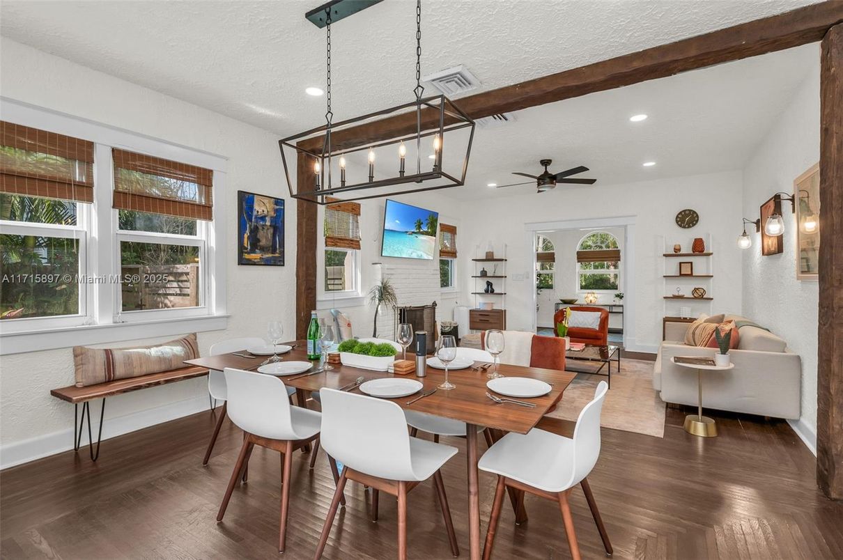 Chandelier, Dining room, Fireplace, Interior, Living room, Pendant Lights, Recessed Lighting, Wooden Beams, Wood Texture Flooring