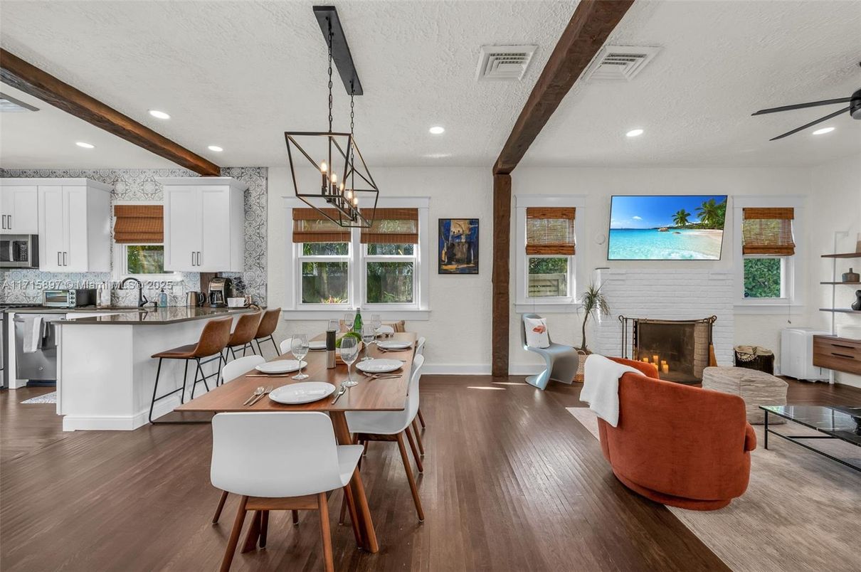 Dining room, Fireplace, Interior, Kitchen, Living room, Pendant Lights, Recessed Lighting, Wooden Beams, Wood Texture Flooring