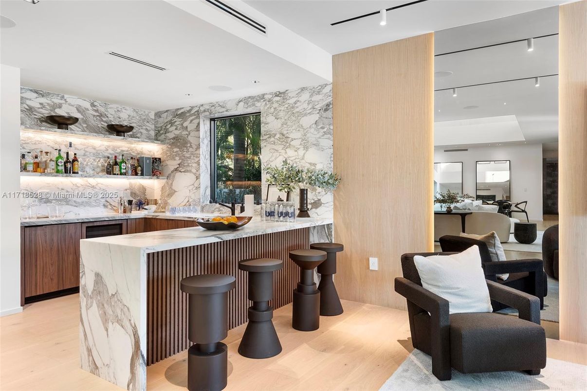 Interior, Kitchen, Marble Walls, Recessed Lighting, Wood Texture Flooring