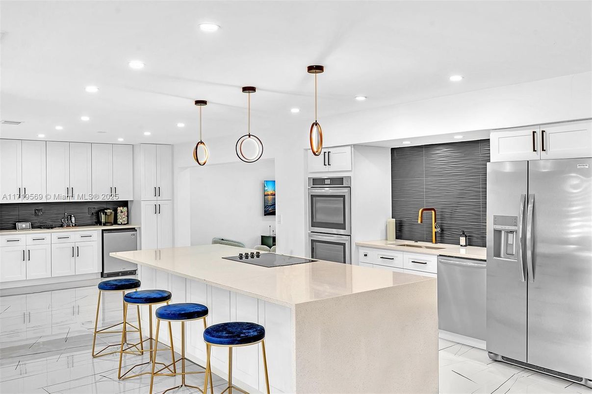 Interior, Kitchen, Marble, Pendant Lights, Recessed Lighting, Stainless Steel Appliances