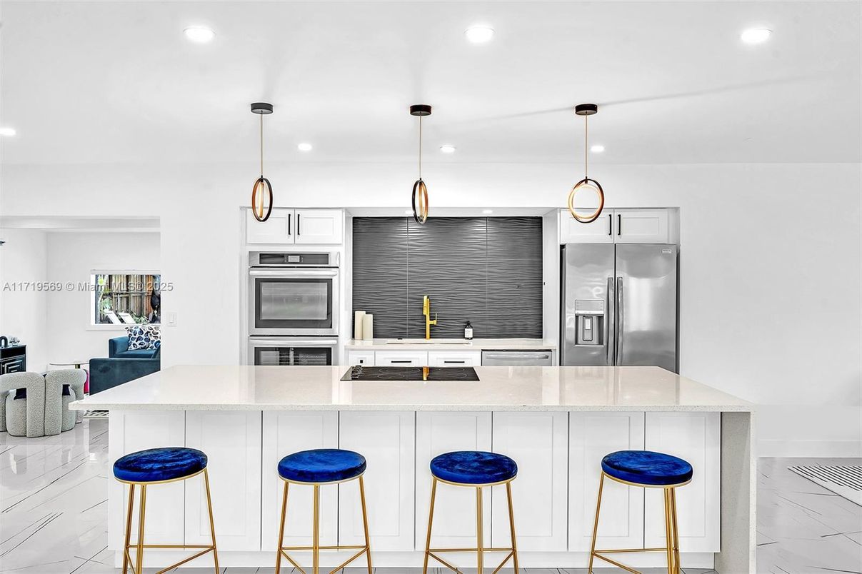 Interior, Kitchen, Marble, Pendant Lights, Recessed Lighting, Stainless Steel Appliances