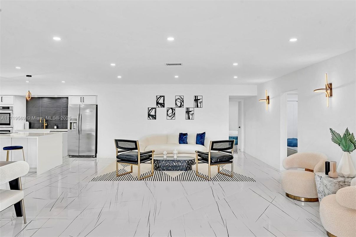 Interior, Kitchen, Living room, Marble, Pendant Lights, Recessed Lighting, Stainless Steel Appliances