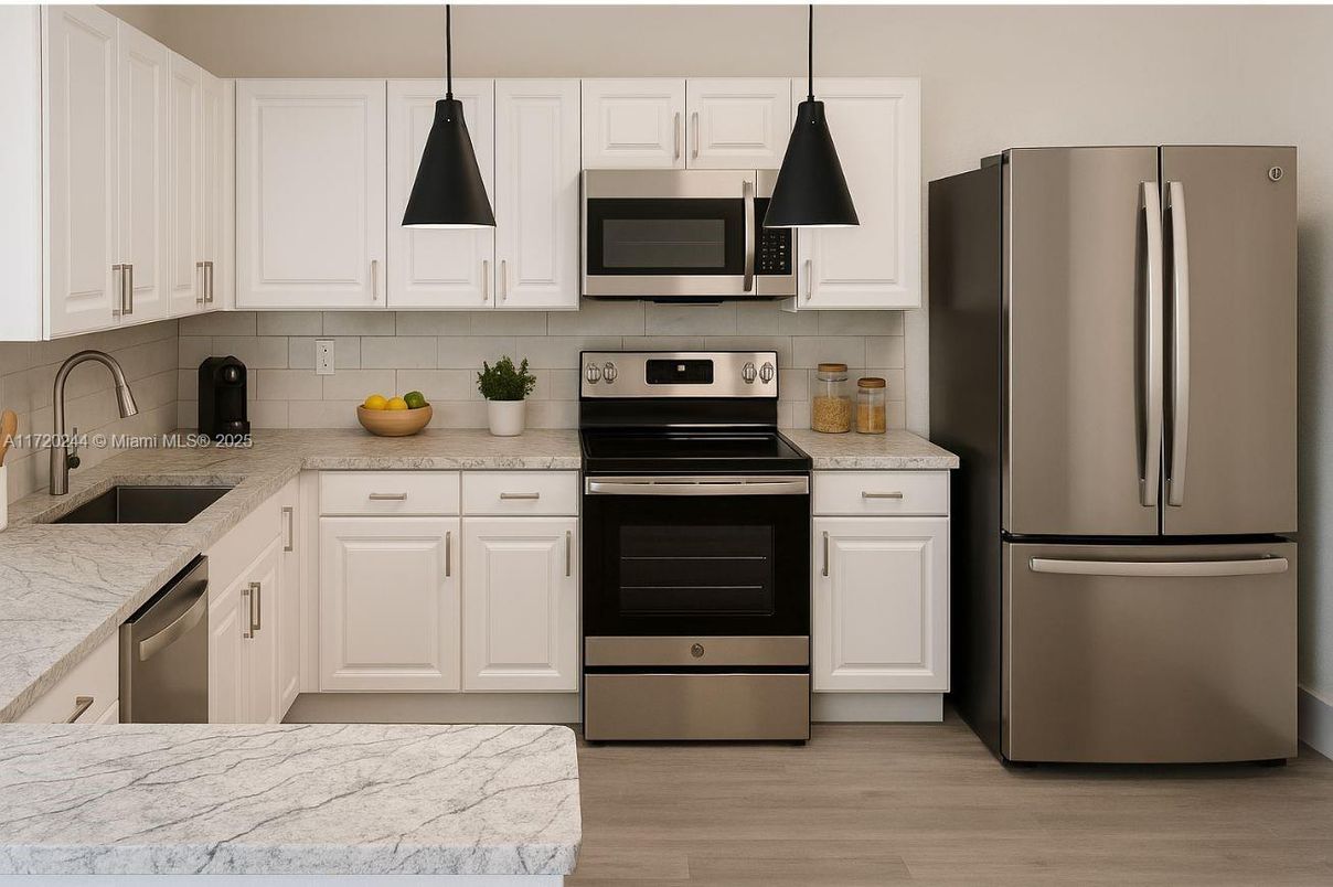 Interior, Kitchen, Pendant Lights, Stainless Steel Appliances, Wood Texture Flooring