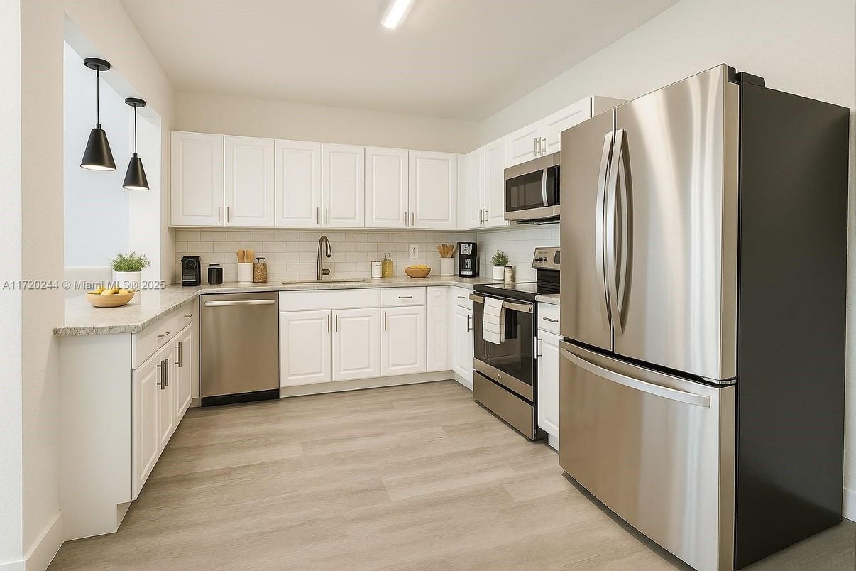 Interior, Kitchen, Pendant Lights, Stainless Steel Appliances, Wood Texture Flooring