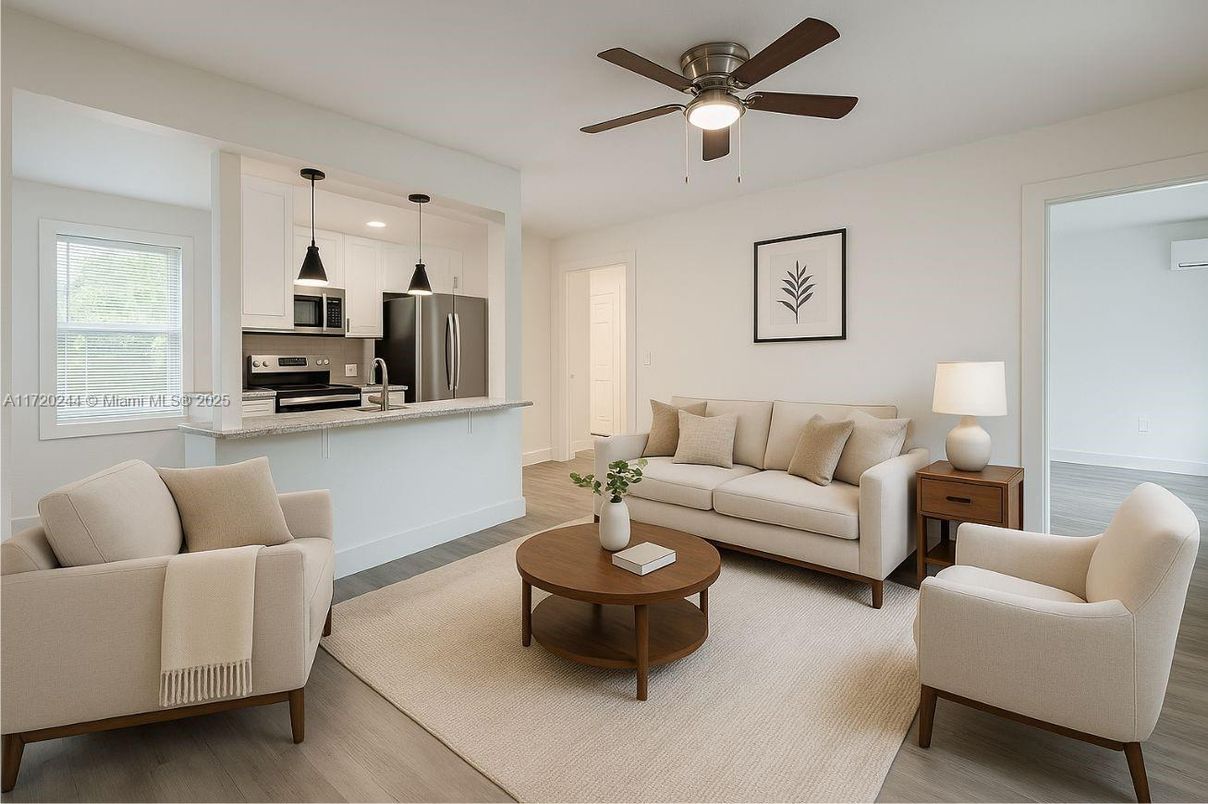 Interior, Kitchen, Living room, Pendant Lights, Recessed Lighting, Stainless Steel Appliances, Wood Texture Flooring