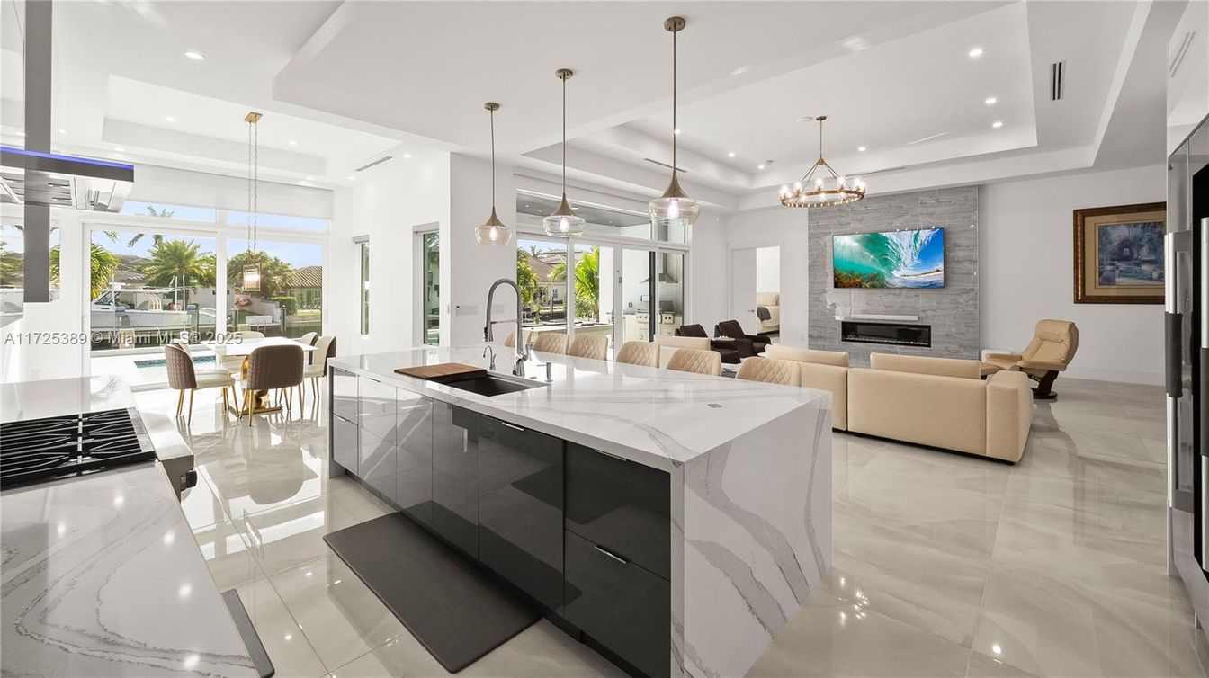 Chandelier, Dining room, Fireplace, Interior, Kitchen, Living room, Pendant Lights, Recessed Lighting