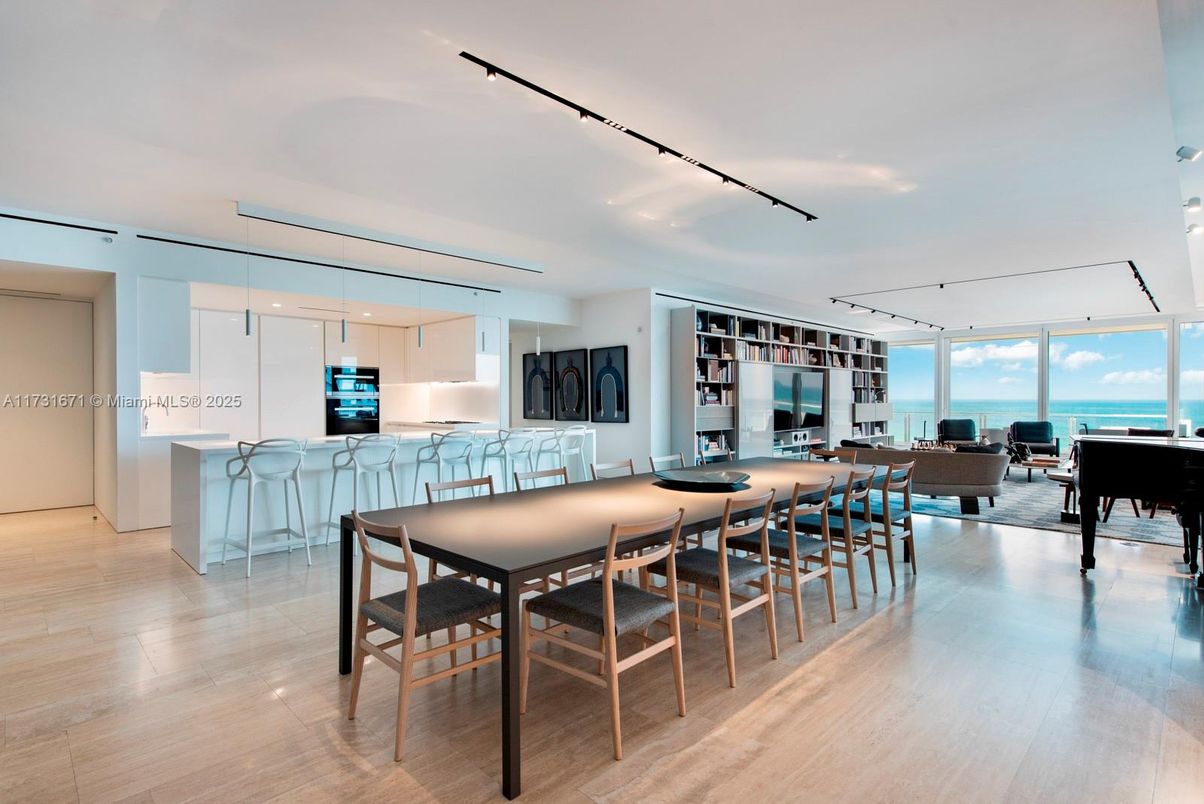 Dining room, Interior, Kitchen, Living room, Pendant Lights, Stainless Steel Appliances, Water, Wood Texture Flooring