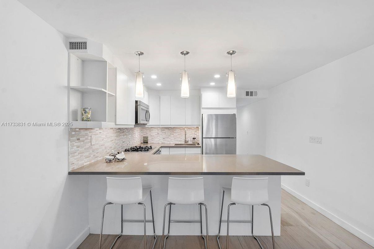 Interior, Kitchen, Pendant Lights, Stainless Steel Appliances, Wood Texture Flooring