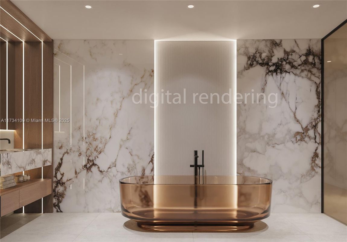 Bathroom, Interior, Marble Walls, Recessed Lighting
