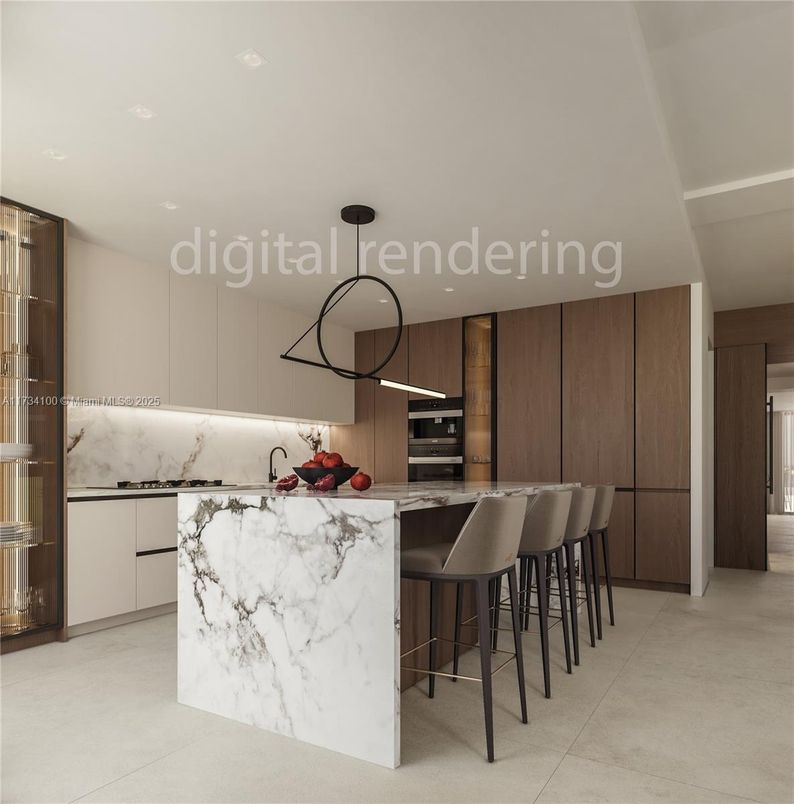 Interior, Kitchen, Marble Walls, Recessed Lighting, Stainless Steel Appliances