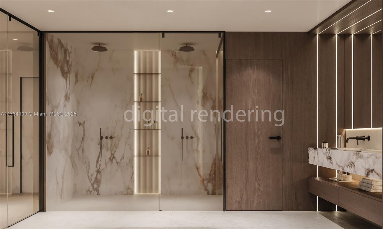 Bathroom, Glass Shower, Interior, Marble Walls, Recessed Lighting