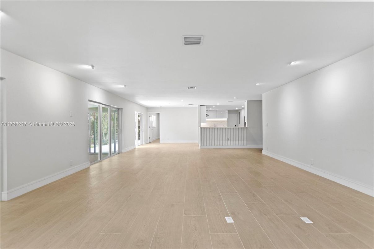 Empty room, Interior, Kitchen, Recessed Lighting, Wood Texture Flooring