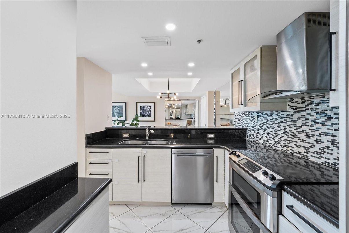 Interior, Kitchen, Marble, Pendant Lights, Recessed Lighting, Stainless Steel Appliances