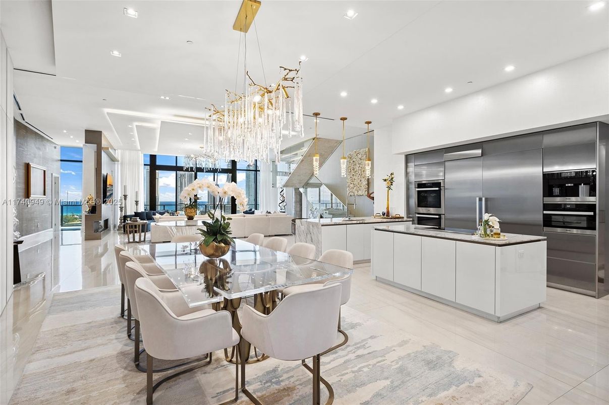 Chandelier, Dining room, Interior, Kitchen, Living room, Pendant Lights, Recessed Lighting, Stainless Steel Appliances, Water