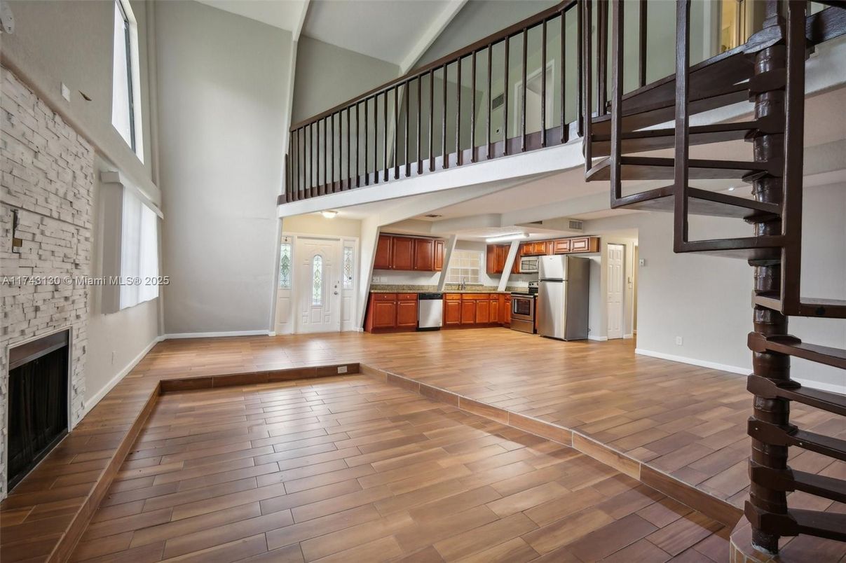 Fireplace, Interior, Kitchen, Stone Walls, Wood Texture Flooring