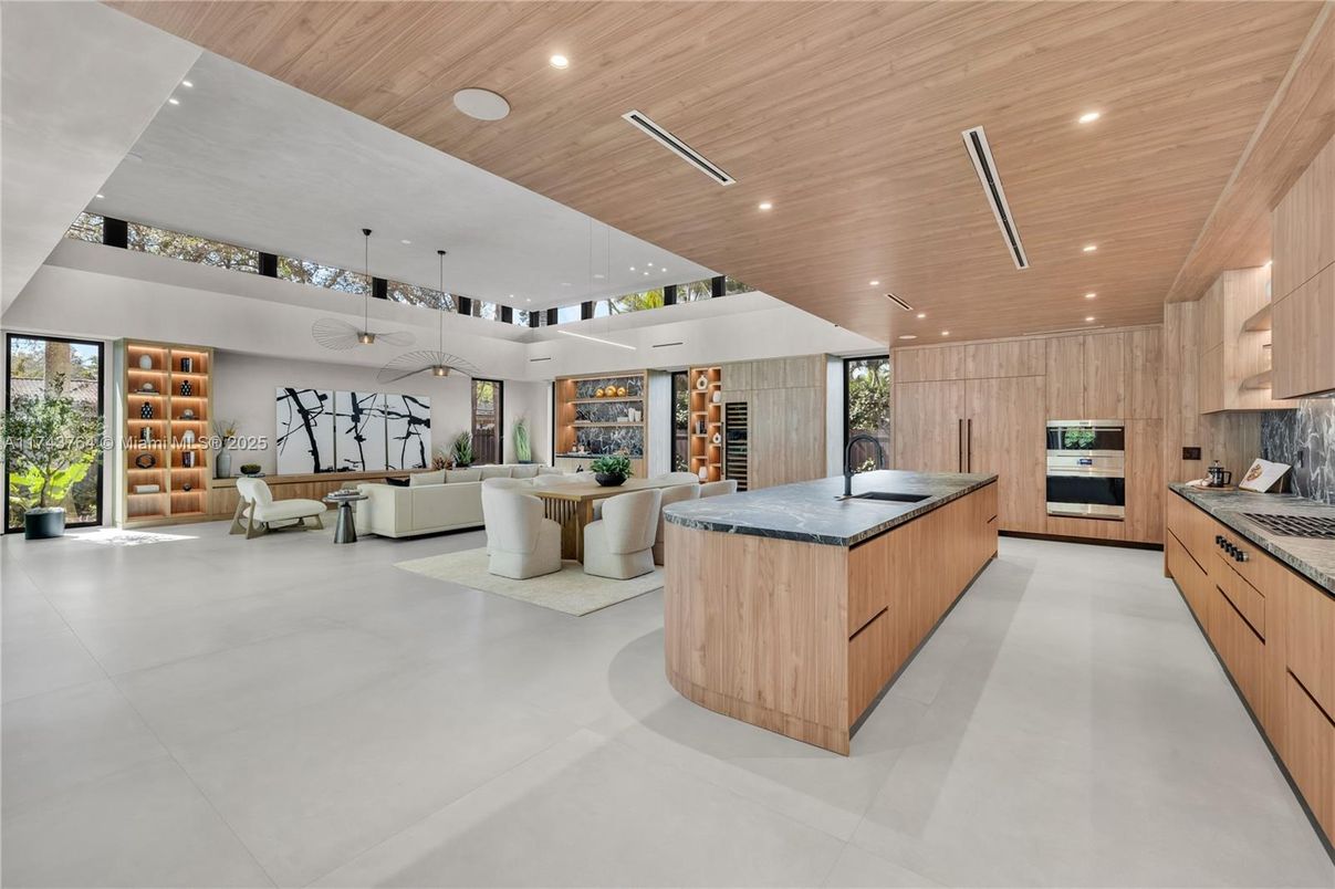 Interior, Kitchen, Living room, Pendant Lights, Recessed Lighting, Stainless Steel Appliances, Wooden Ceilings