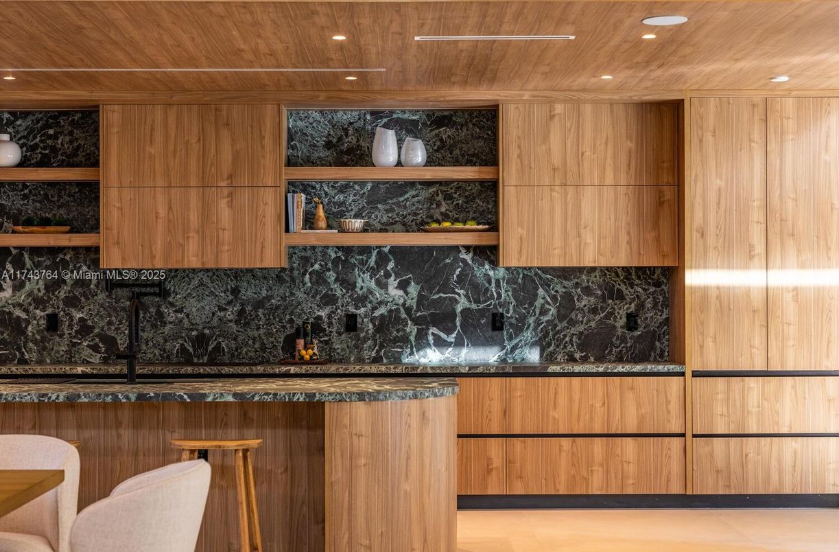 Interior, Kitchen, Marble Walls, Recessed Lighting, Wooden Ceilings