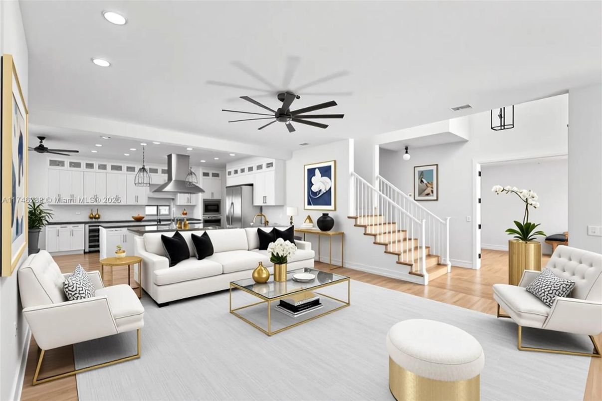 Interior, Kitchen, Living room, Pendant Lights, Recessed Lighting, Stainless Steel Appliances, Wood Texture Flooring