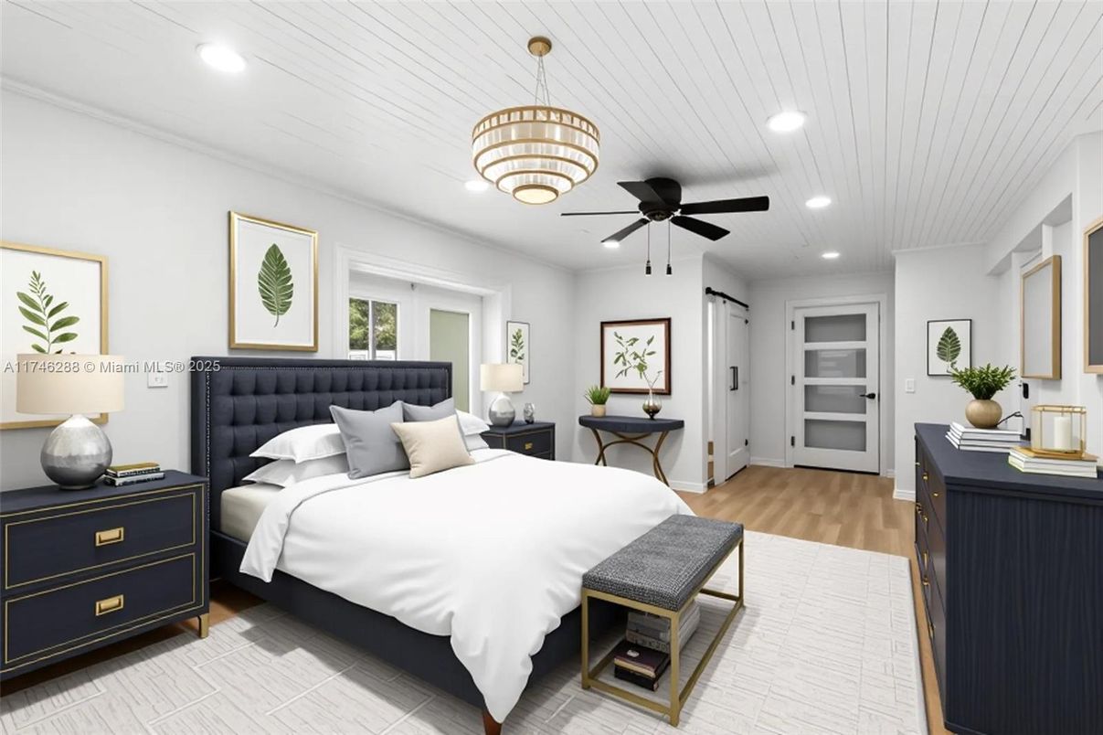 Bedroom, Interior, Pendant Lights, Recessed Lighting, Wood Texture Flooring