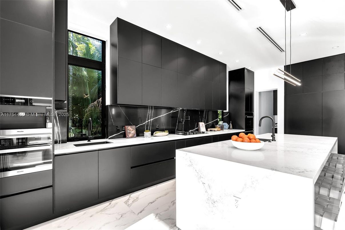 Interior, Kitchen, Marble, Pendant Lights, Recessed Lighting, Stainless Steel Appliances