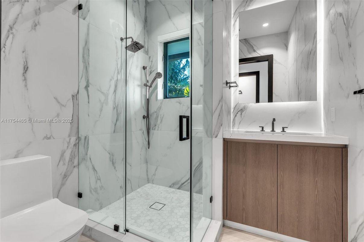 Bathroom, Glass Shower, Interior, Marble Walls, Recessed Lighting