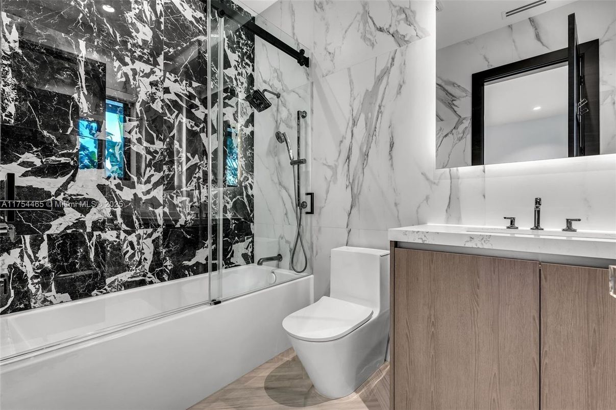 Bathroom, Glass Shower, Interior, Marble Walls, Wood Texture Flooring