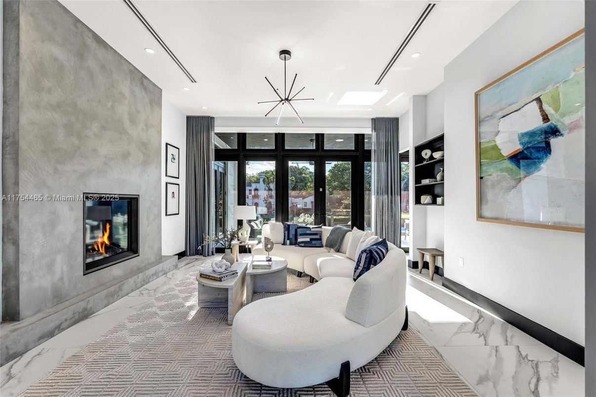 Fireplace, Interior, Living room, Marble, Pendant Lights, Recessed Lighting