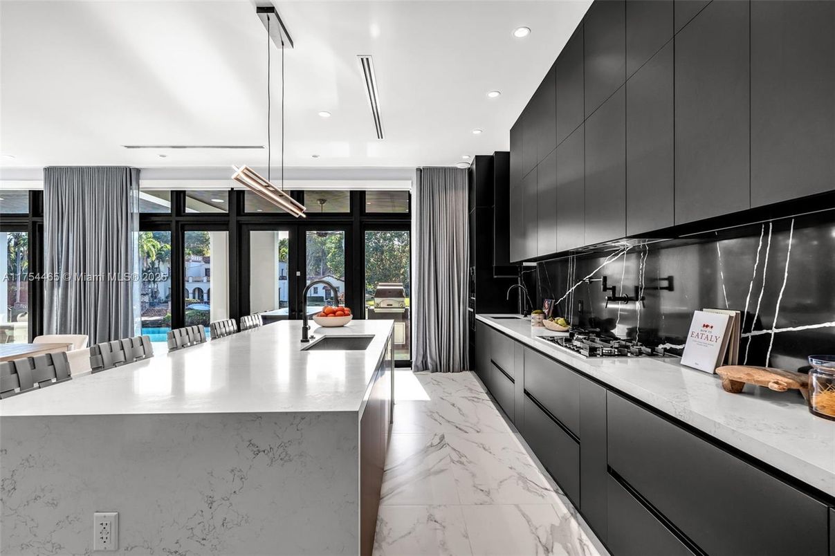 Interior, Kitchen, Marble, Pendant Lights, Recessed Lighting, Stainless Steel Appliances