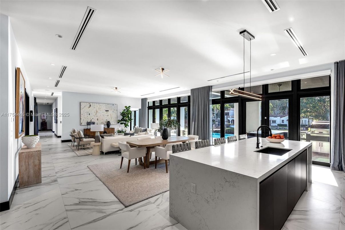 Dining room, Interior, Kitchen, Living room, Marble, Pendant Lights, Recessed Lighting