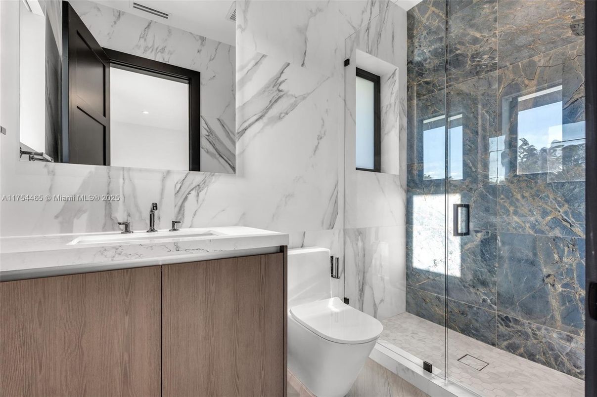 Bathroom, Glass Shower, Interior, Marble Walls, Recessed Lighting