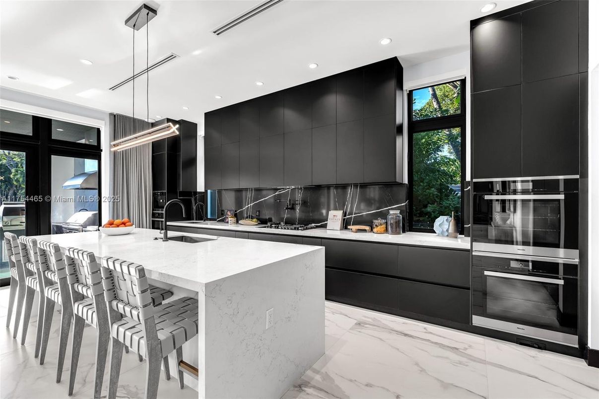 Interior, Kitchen, Marble, Pendant Lights, Recessed Lighting, Stainless Steel Appliances