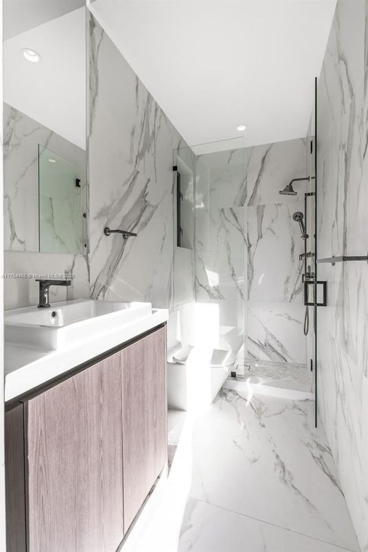 Bathroom, Glass Shower, Interior, Marble, Marble Walls, Recessed Lighting