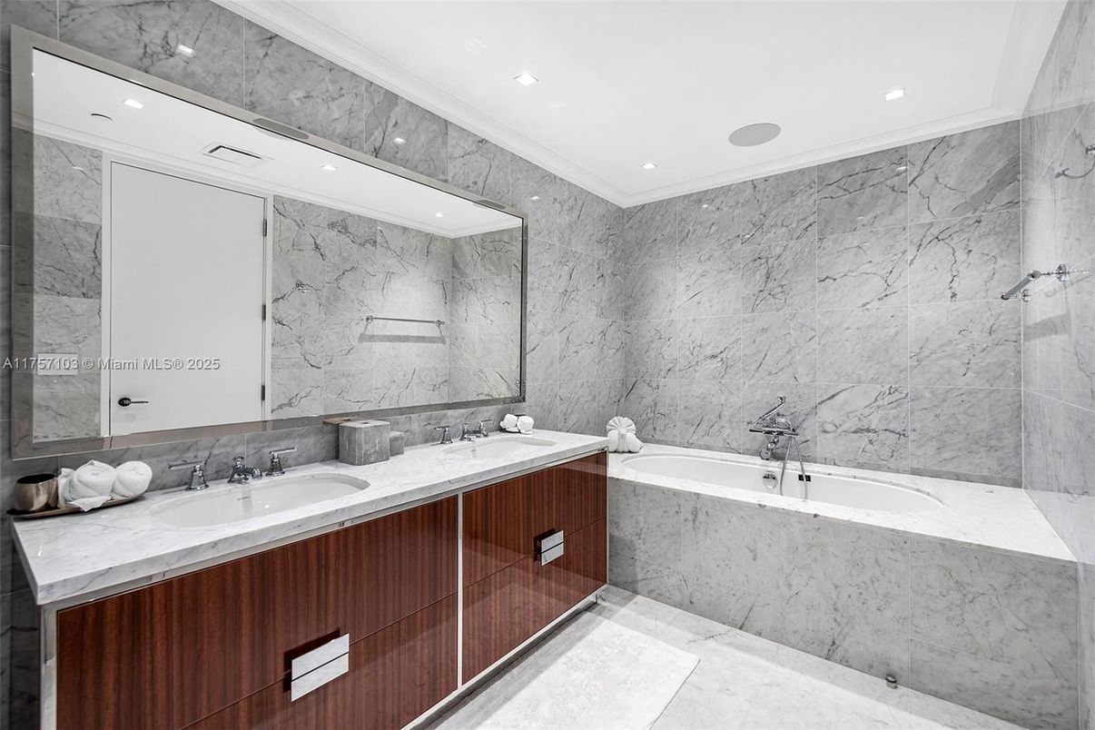 Bathroom, Dual Sink Vanities, Interior, Marble Walls, Recessed Lighting