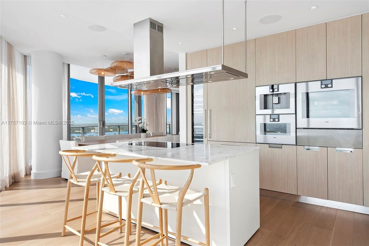 Interior, Kitchen, Pendant Lights, Recessed Lighting, Stainless Steel Appliances, Water, Wood Texture Flooring