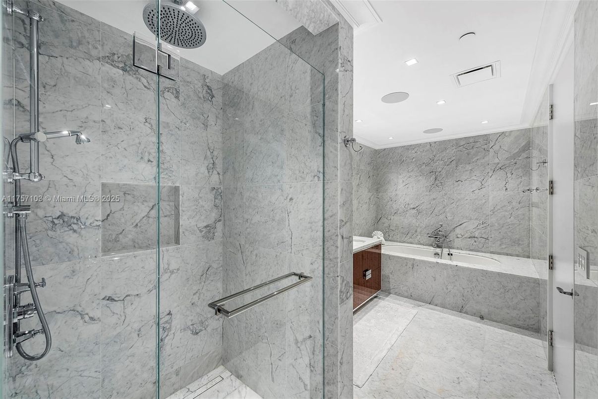 Bathroom, Glass Shower, Interior, Marble Walls, Recessed Lighting