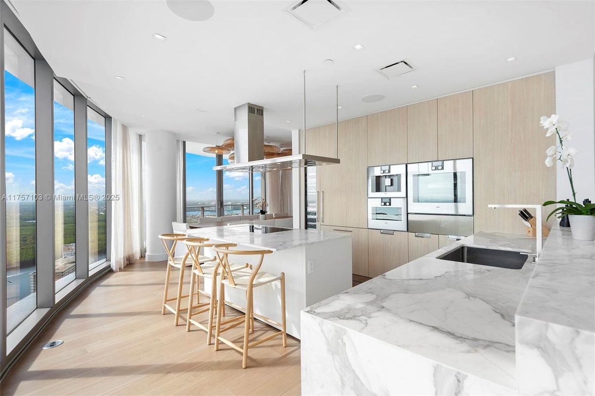 Interior, Kitchen, Pendant Lights, Recessed Lighting, Stainless Steel Appliances, Water, Wood Texture Flooring