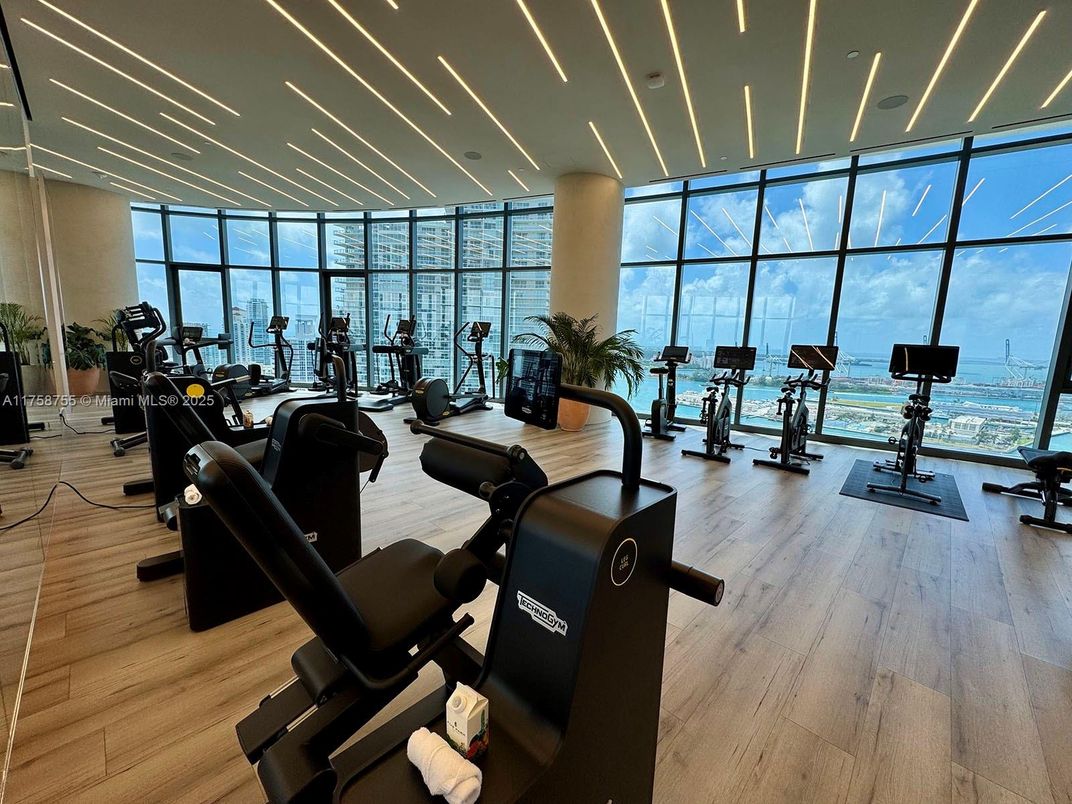 Fitness Equipment, Gym, Interior, Recessed Lighting, Wood Texture Flooring