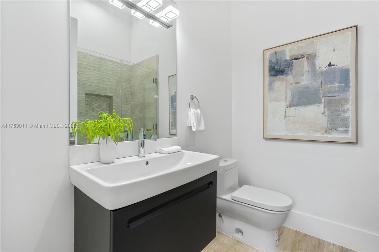 Bathroom, Glass Shower, Interior, Wood Texture Flooring