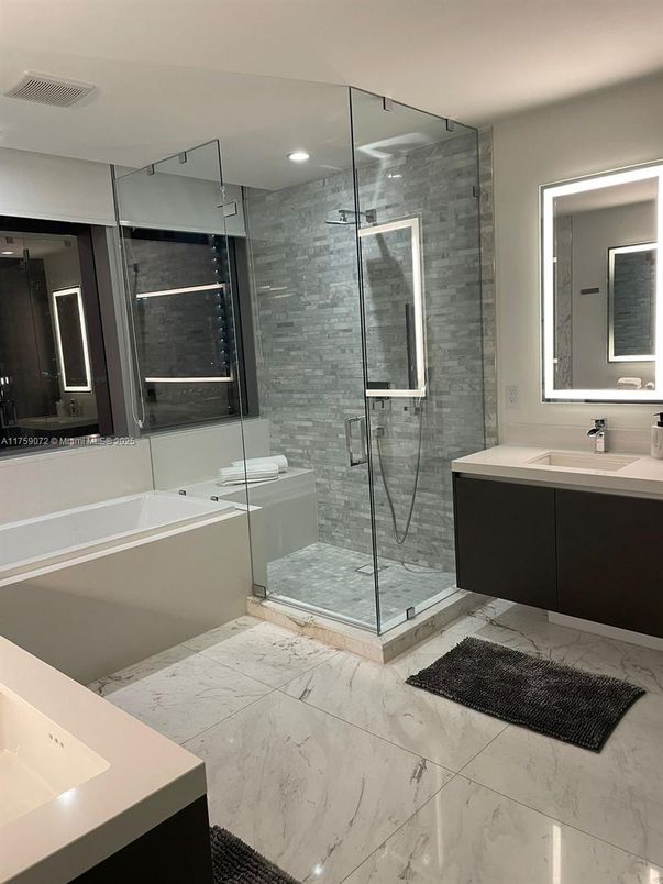 Bathroom, Dual Sink Vanities, Glass Shower, Interior, Marble, Recessed Lighting