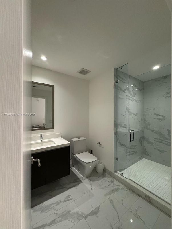 Bathroom, Glass Shower, Interior, Marble, Marble Walls, Recessed Lighting