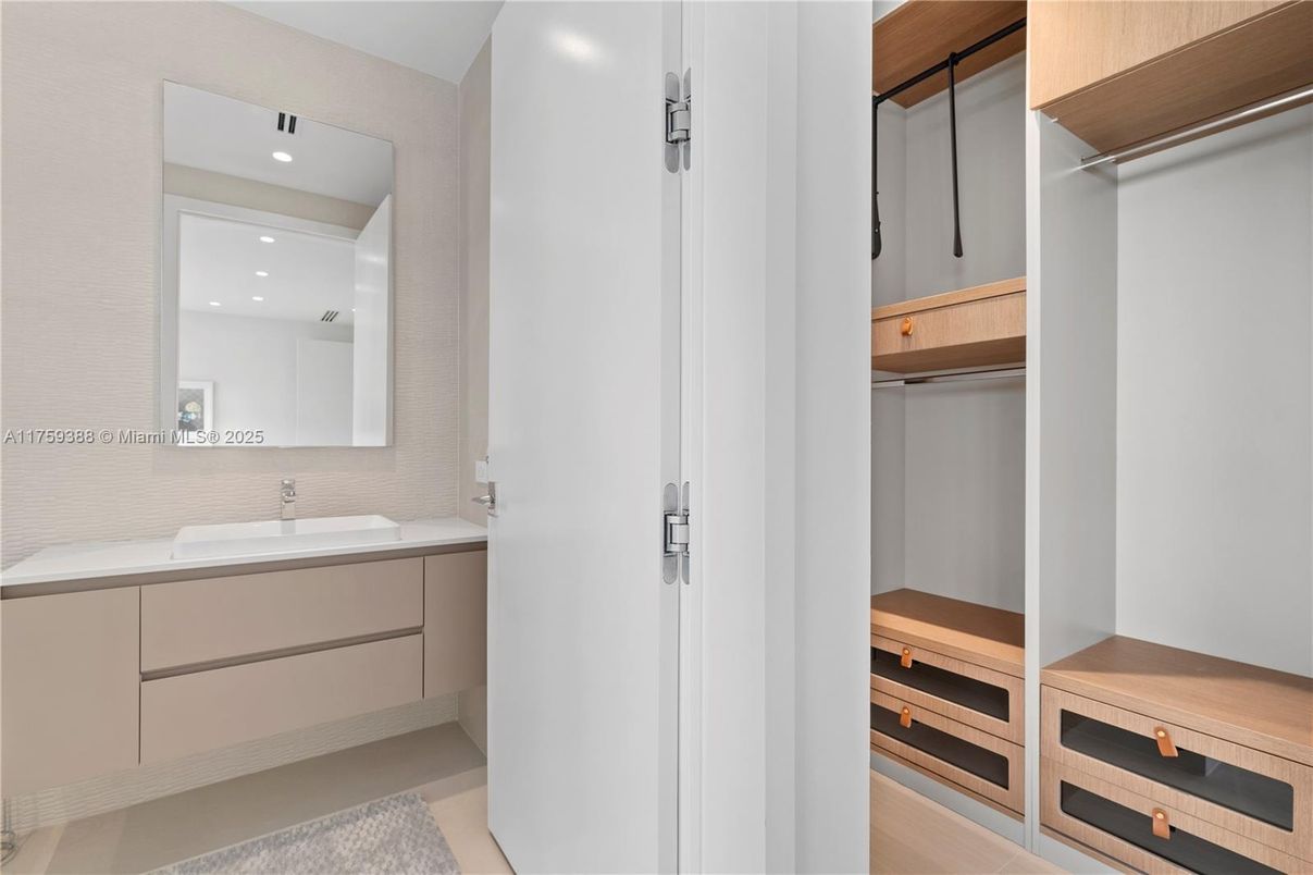 Bathroom, Dual Sink Vanities, Interior, Recessed Lighting, Sauna Room, Walk-in Closets