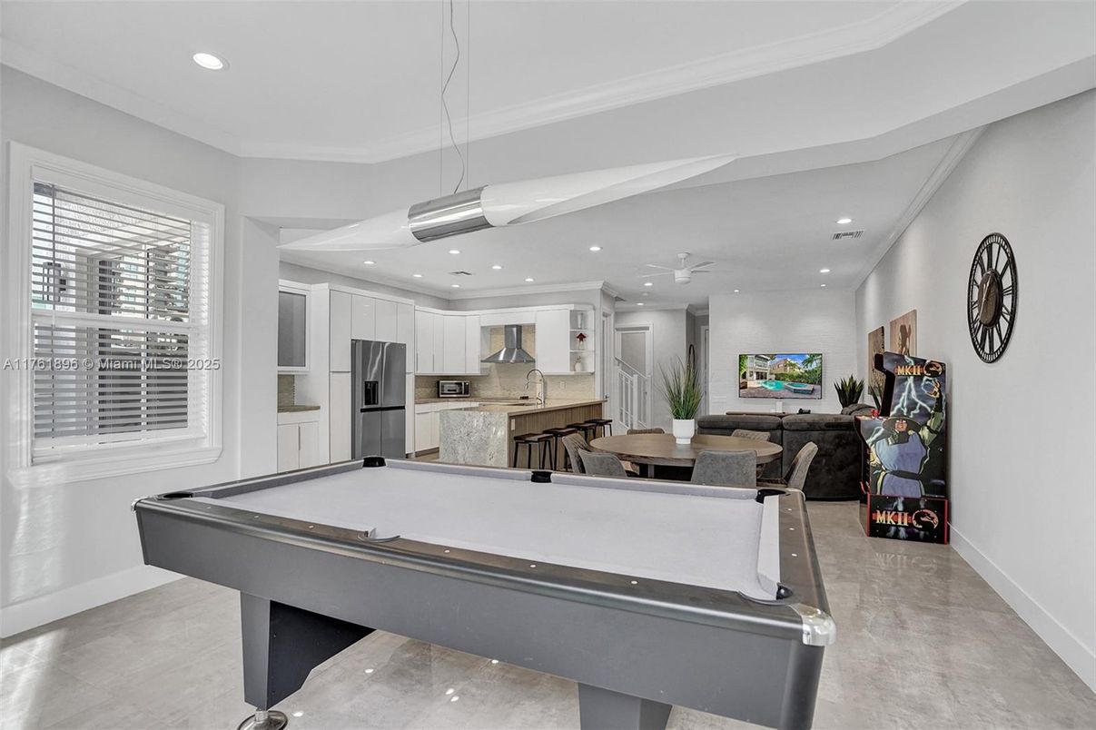 Billiard Table, Dining room, Game Room, Interior, Kitchen, Living room, Pendant Lights, Recessed Lighting, Stainless Steel Appliances