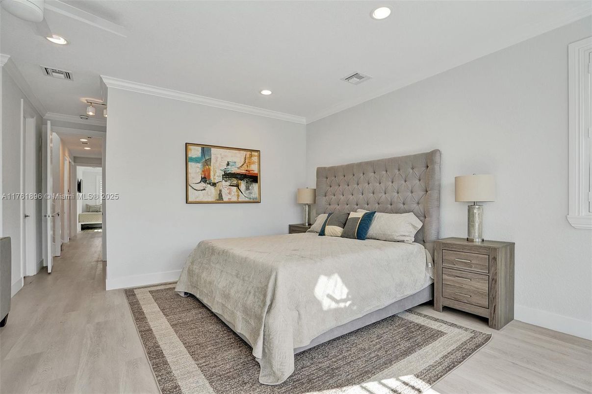 Bedroom, Interior, Recessed Lighting, Wood Texture Flooring