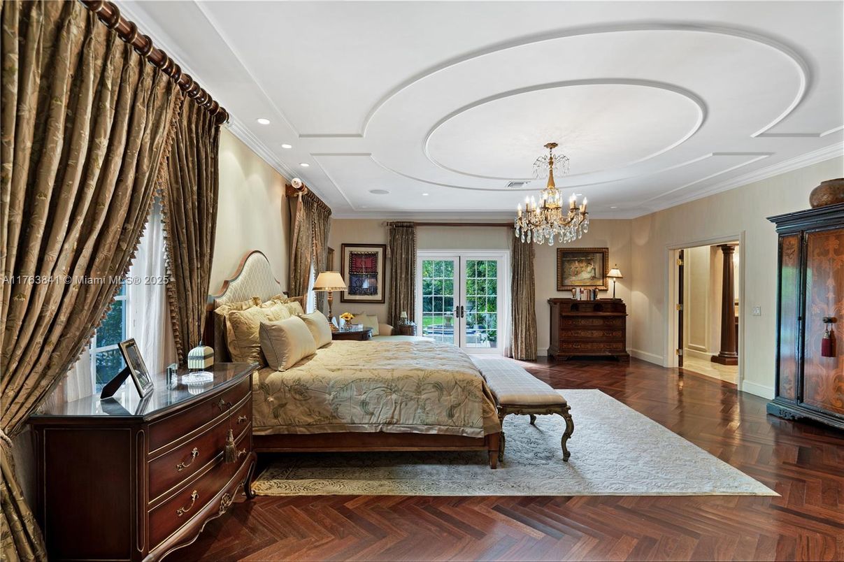 Bedroom, Chandelier, Interior, Recessed Lighting, Wood Texture Flooring